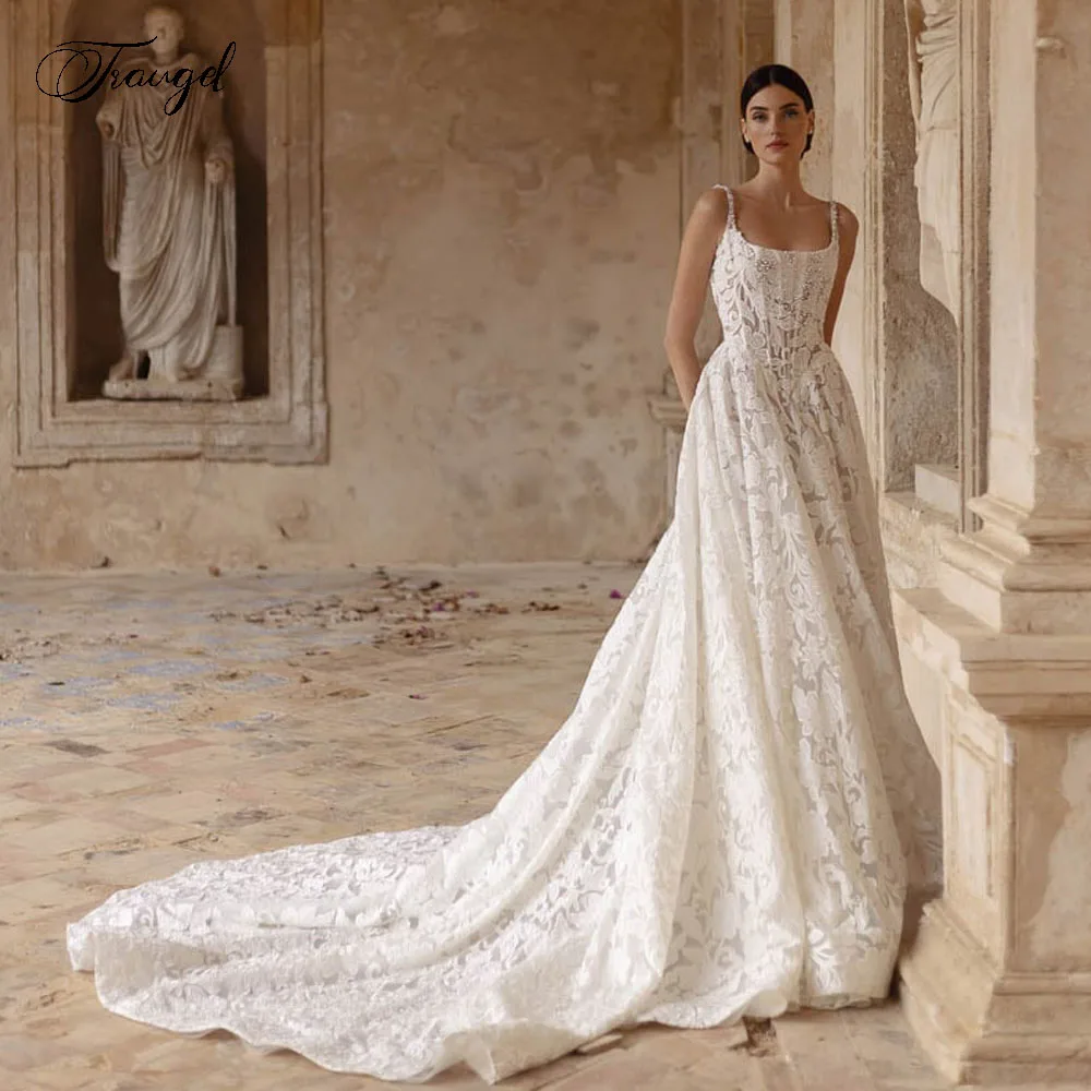 

Customized Boat Neck Sexy A-Line Wedding Dresses Lace Embroidery Vestido De Novia For Women Beaded Vintage Robe De Mariee