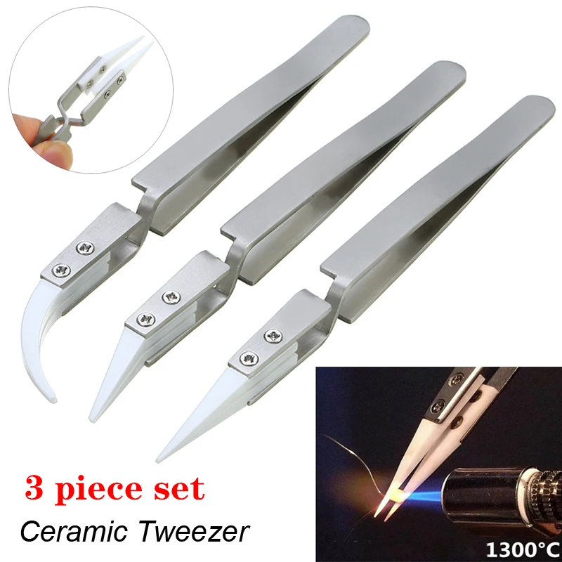 3PCS Straight Aimed Ceramic Tweezers for Electronics Soldering Stainless Steel Handle Precision Tweezers Hand Tool