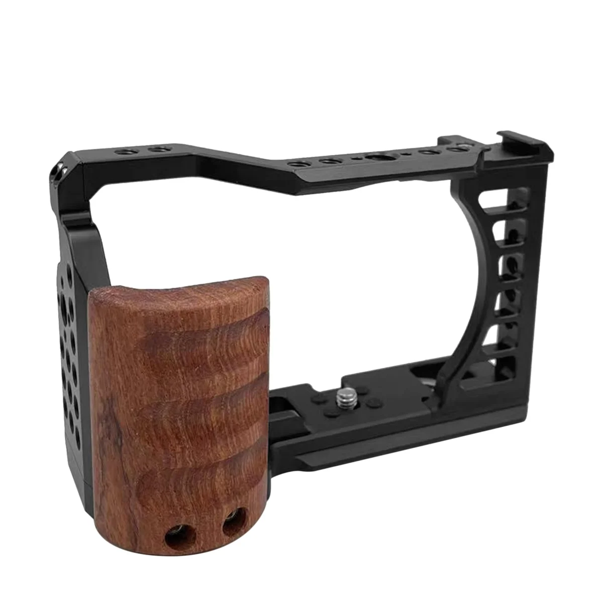 Camera Cage for Sony A7C Camera with Wooden Handle Protection Frame Housing Cage Handle with Cold Shoe