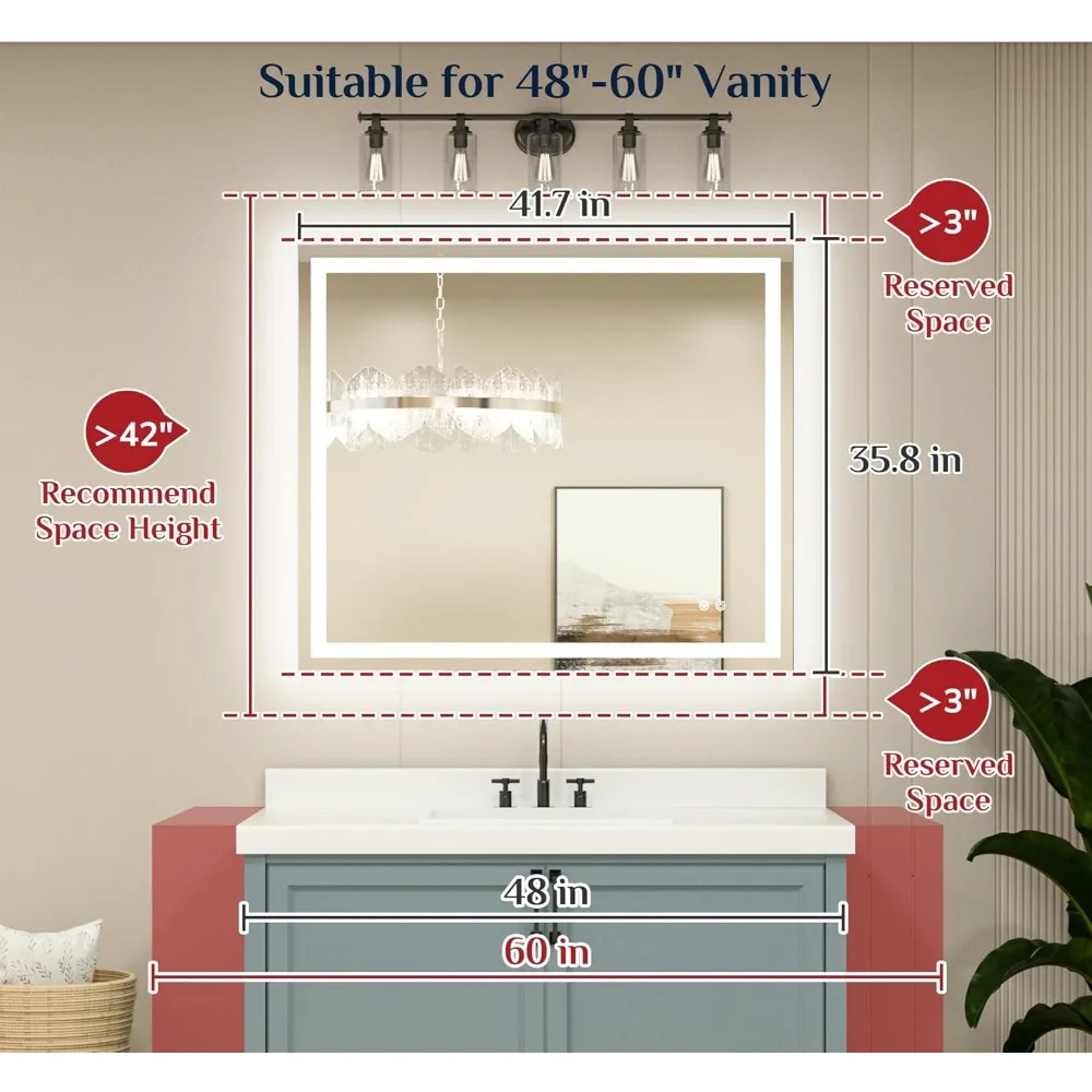 Mirror for Bathroom 42 x 36 Inch, Frontlit & Backlit Bathroom Vanity Mirror with 3 Color Lights, Lighted Bathroom Mirror