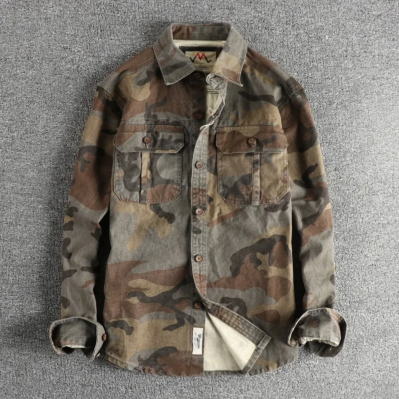 Heavy woven fabric retro men's shirt, workwear pocket design, camouflage shirt jacket