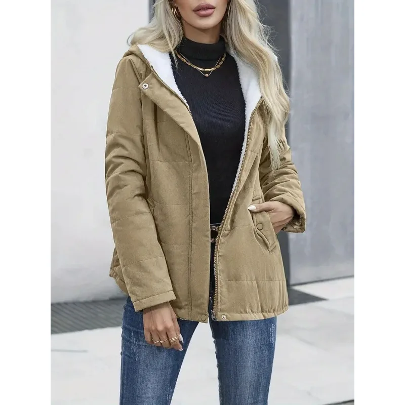 Women Hooded Parkas Coats Fleece Lined Jacket Solid Long Sleevs Zipper Fly Loose Fit Casual Office Lady 2025 Autumn Winter