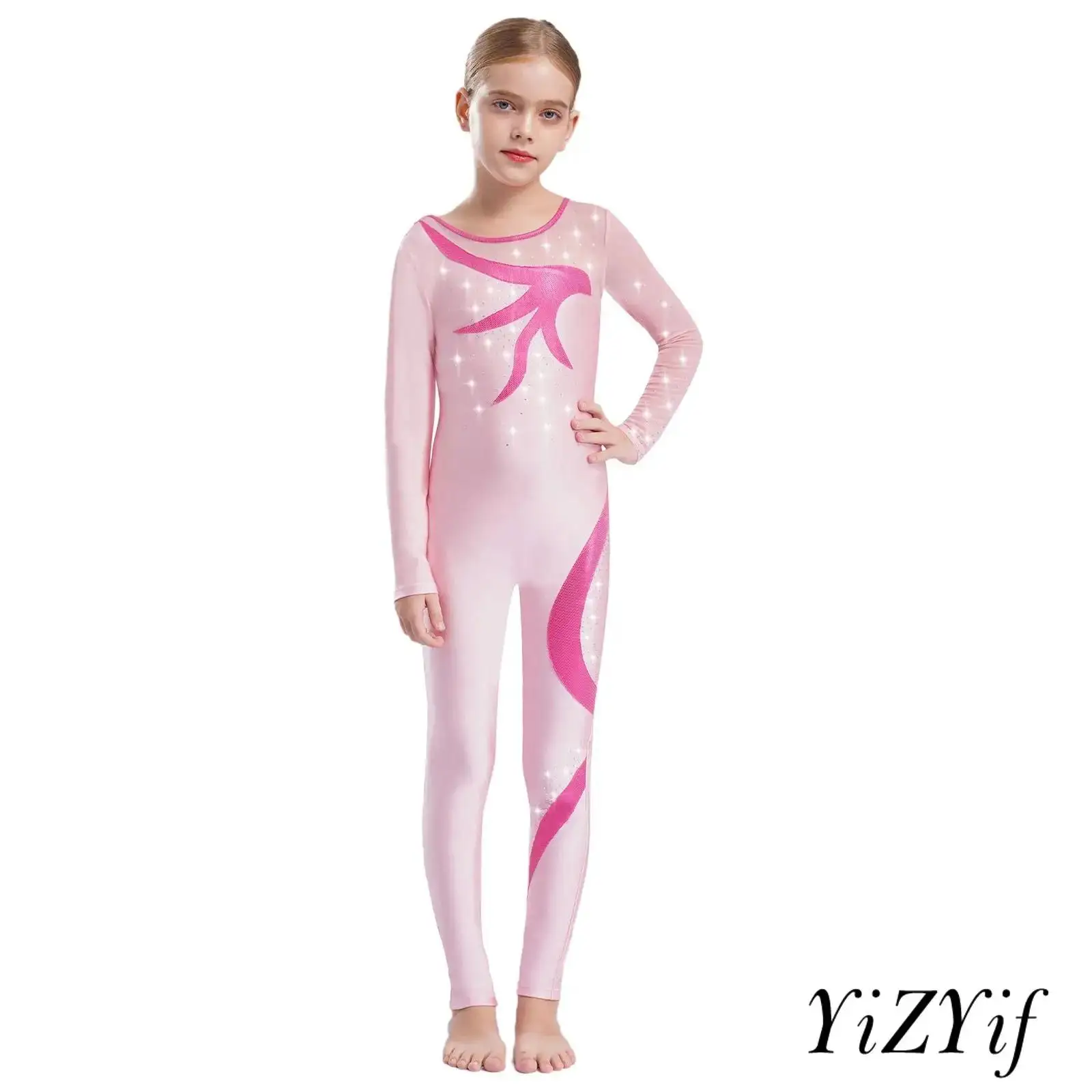 

Kids Girls Gymnastics Jumpsuit Sparkling Rhinestones Sheer Mesh Figure Skating Dance Competition Bodysuit Full Length Leotard