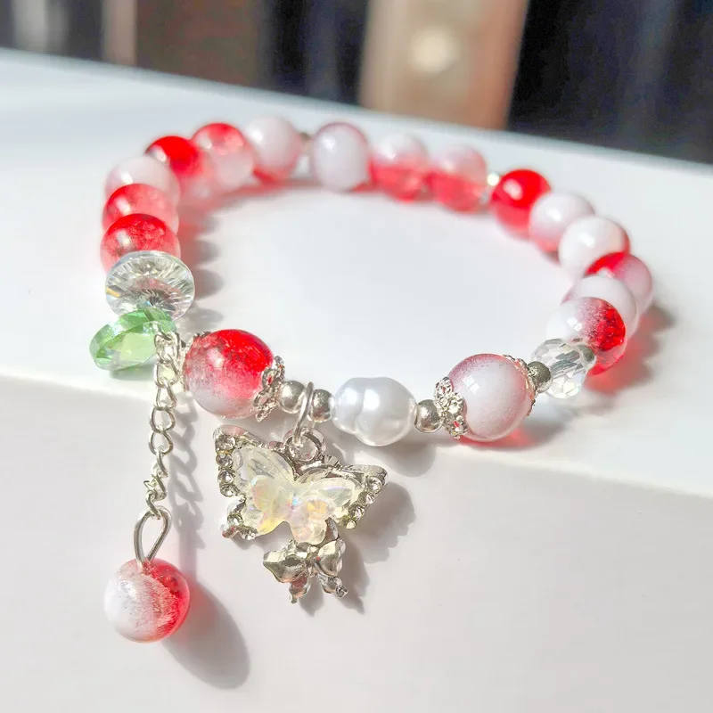 Pulsera con cubierta de leche de cristal con forma de mariposa, pulseras de estilo fresco para novias y estudiantes, joyería para amigos, cadena de cuentas de regalo