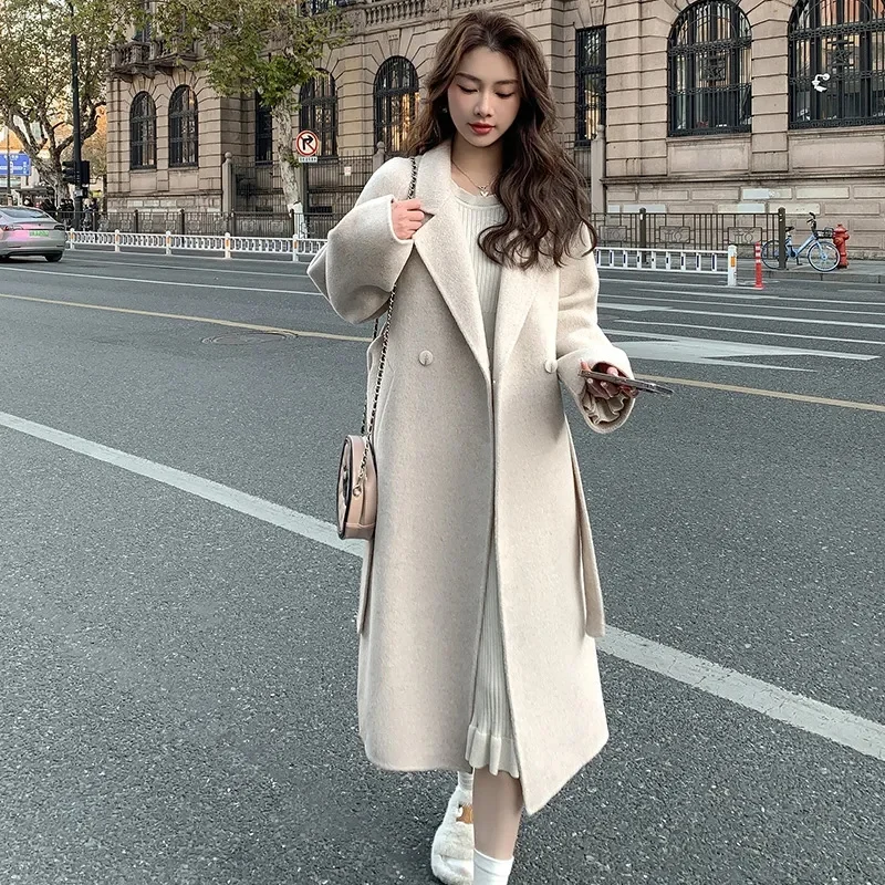 

Autumn Winter Female Loose Lace Up Woolen Outwear 2024 Lady Medium Long Styles Wool Blend Top Women Double Sided Cashmere Jacket