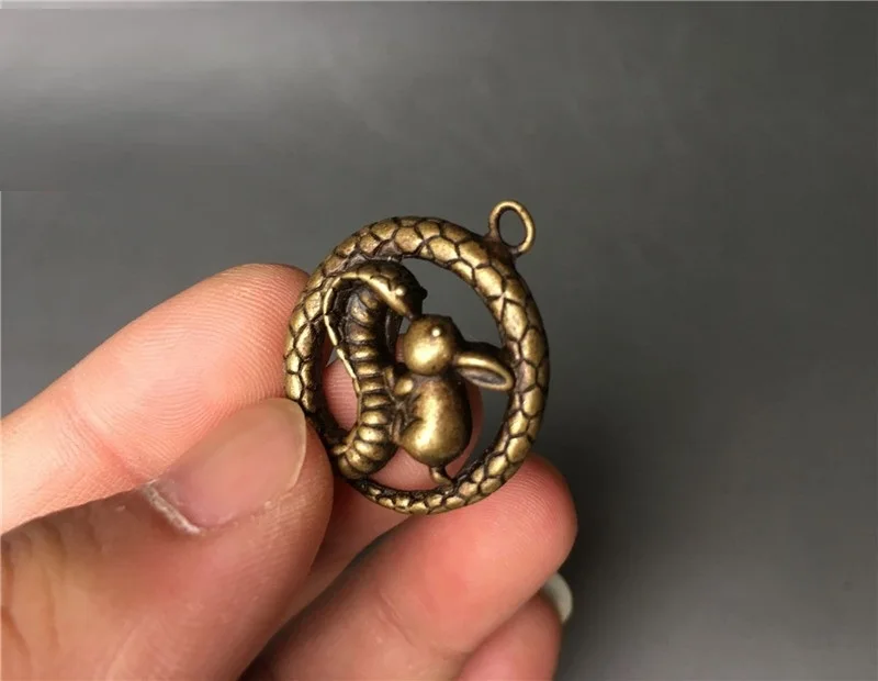 Pure Copper Snake Winding Rabbit Generations Must Be Rich Zodiac Solid Keychain Pendant  Micro Carving