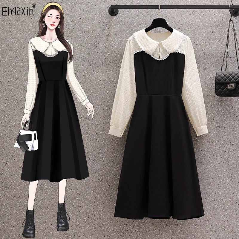 

EHQAXIN Ladies Long Sleeve Dress Fashion 2024 Fall New Sweet Doll Collar Lace Stitching A-Type Dresses For Females M-4XL