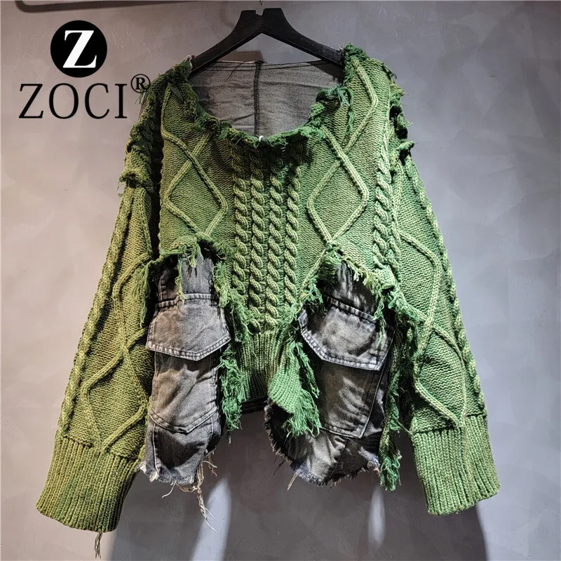 [ZOCI] Autumn Winter New Denim Patchwork Knitted Pullover Sweater Loose Slimming, Washed Worn Top Trend