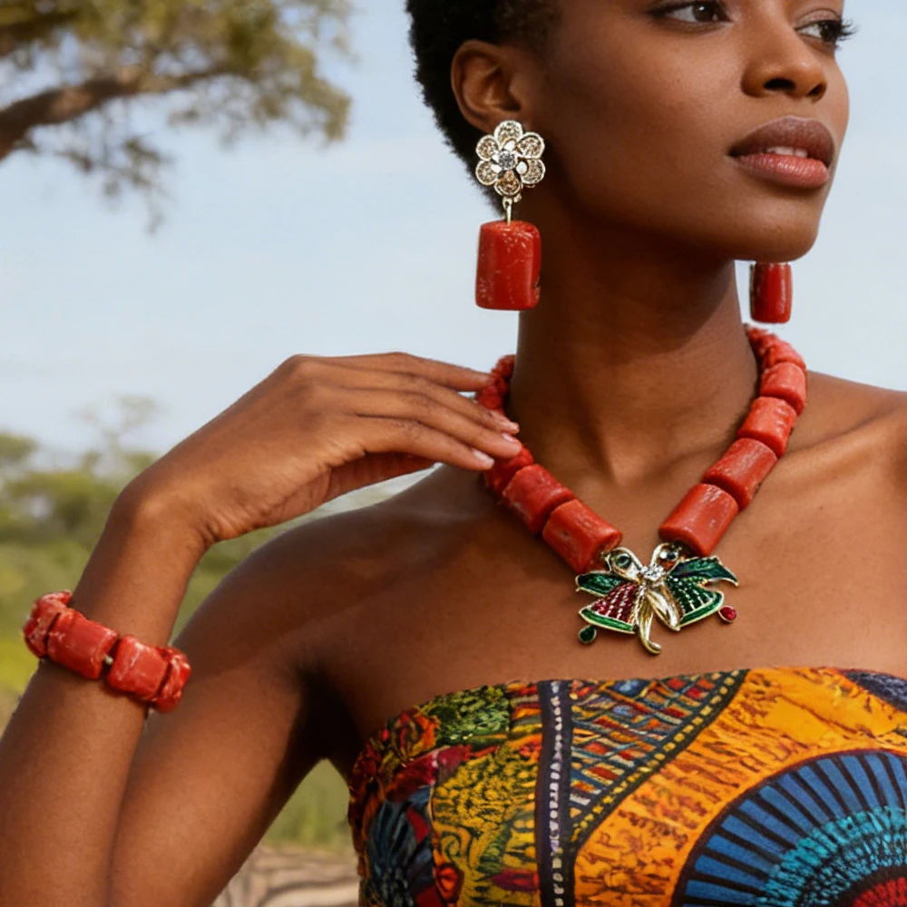 

Nature Coral Beaded Jewelry Sets Nigerian African Women Statement Choker Beads Necklace Earrings Bracelet Retro Wedding Gifts