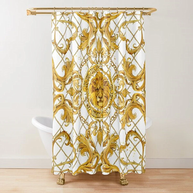 Golden Baroque Symmetrical Shower Curtain,golden Lion and Damask Ornament Luxury Design Gold Lace Bathroom Shower Curtains Set