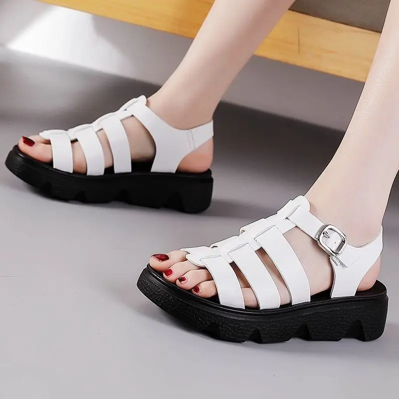 Women Sandals Summer Toe Buckle Openwork Braided Gears Platform Sandals Female PU Leather Roman Beach Black Hollow Shoes