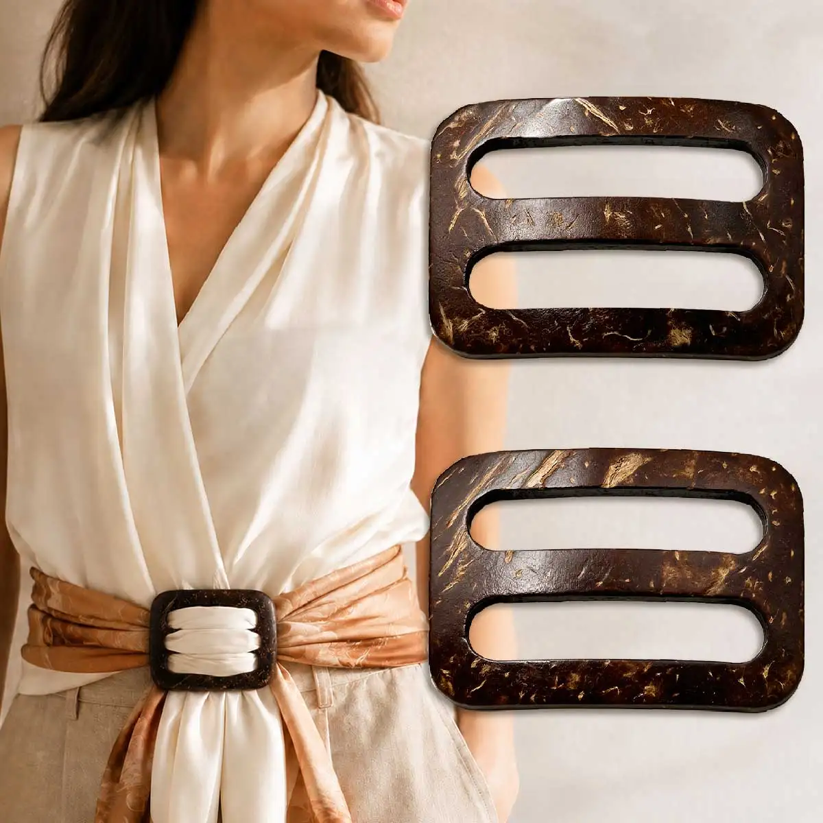 2PCS Natural Coconut Shell Rectangular Scarf Buckles, 2-Slot Shirt Cinch Rings for Dresses, Shawls, Sarongs and DIY Clothing