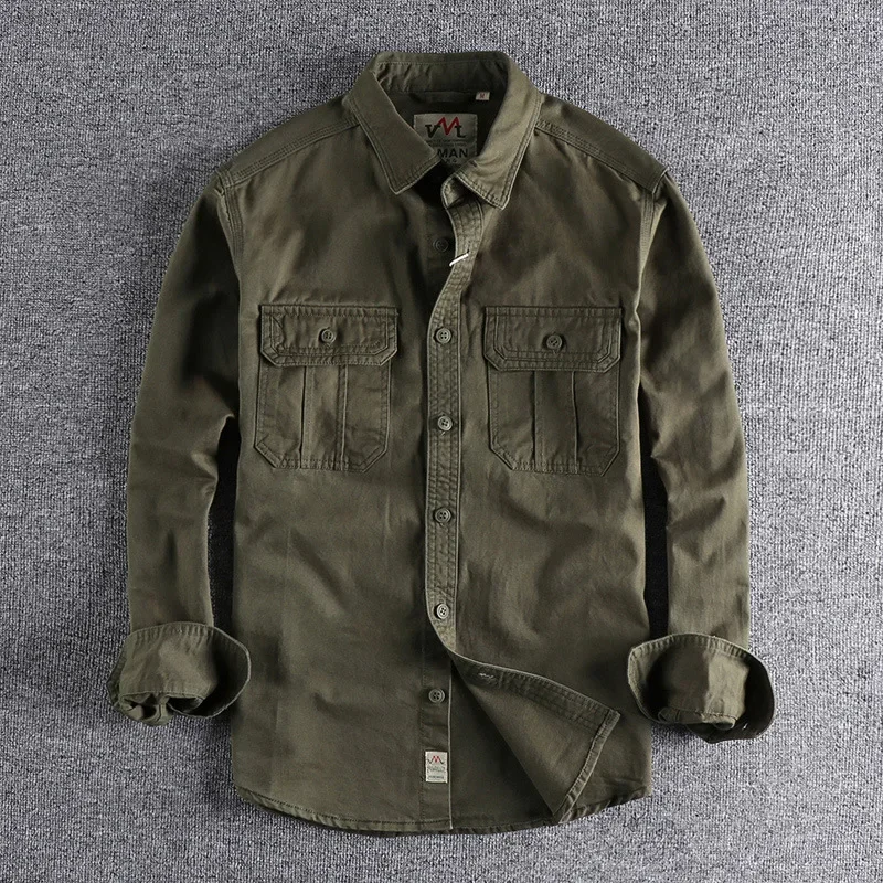 American European New Fashion Men's Solid Color Casual Trendy Simple Long Sleeve Pocket Turn-down Collar Shirt Coat Male Clothes