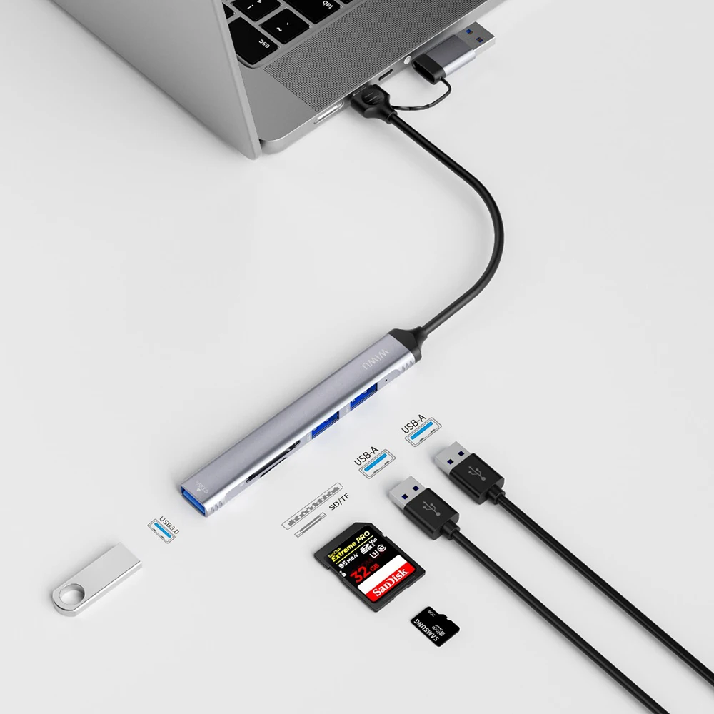 WiWU 5 IN 1 USB C A Hub 3.0 Dual Card Simultaneous Reading Universal Laptops USB3.0 SD/TF Aluminum Alloy Type C Hub 3.0