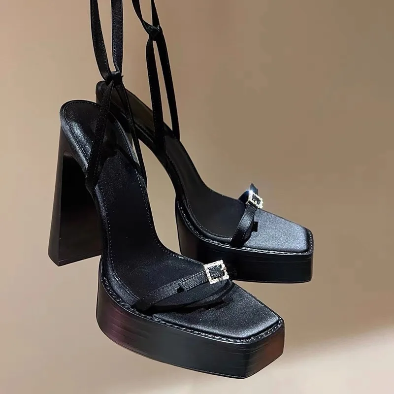 Sexy Sandals Women's 2024 Summer New Fashion Thick Heel One Line Buckle Waterproof Platform Square Head Open Toe High Heels