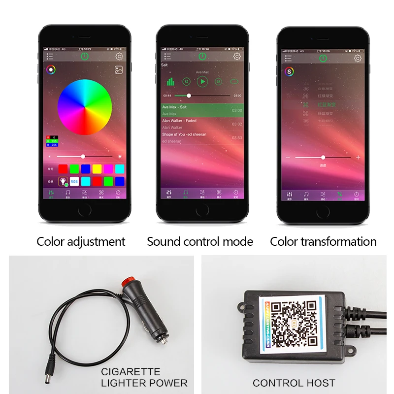 LED-striplicht RGB auto-interieurlamp Glasvezel sfeerverlichtingssets Geluid Actieve functie en draadloze Bluetooth APP-bediening