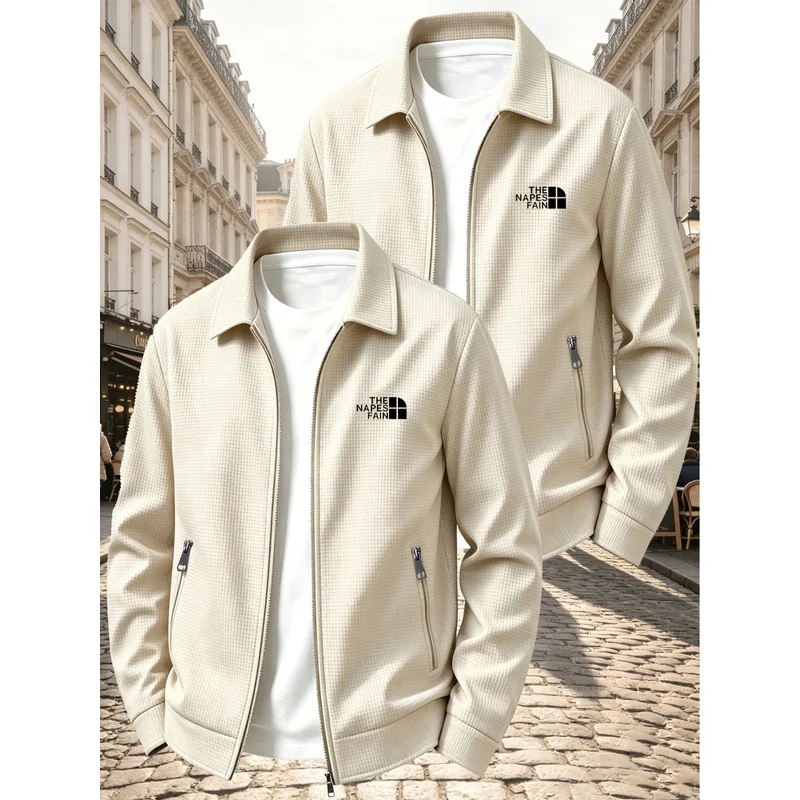 2 men's fashion lightweight casual printed jackets, high-end lapel zip-up business blazers, soft skin-friendly waffle fabric