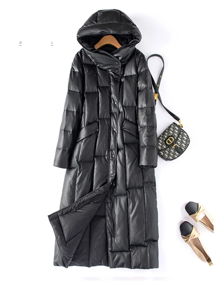 Wintet Women Hooded Genuine Leather Down Coat Thicken Warm Outerwear Slim Zipper High Street Office Ladies Sheepskin Long Jacket