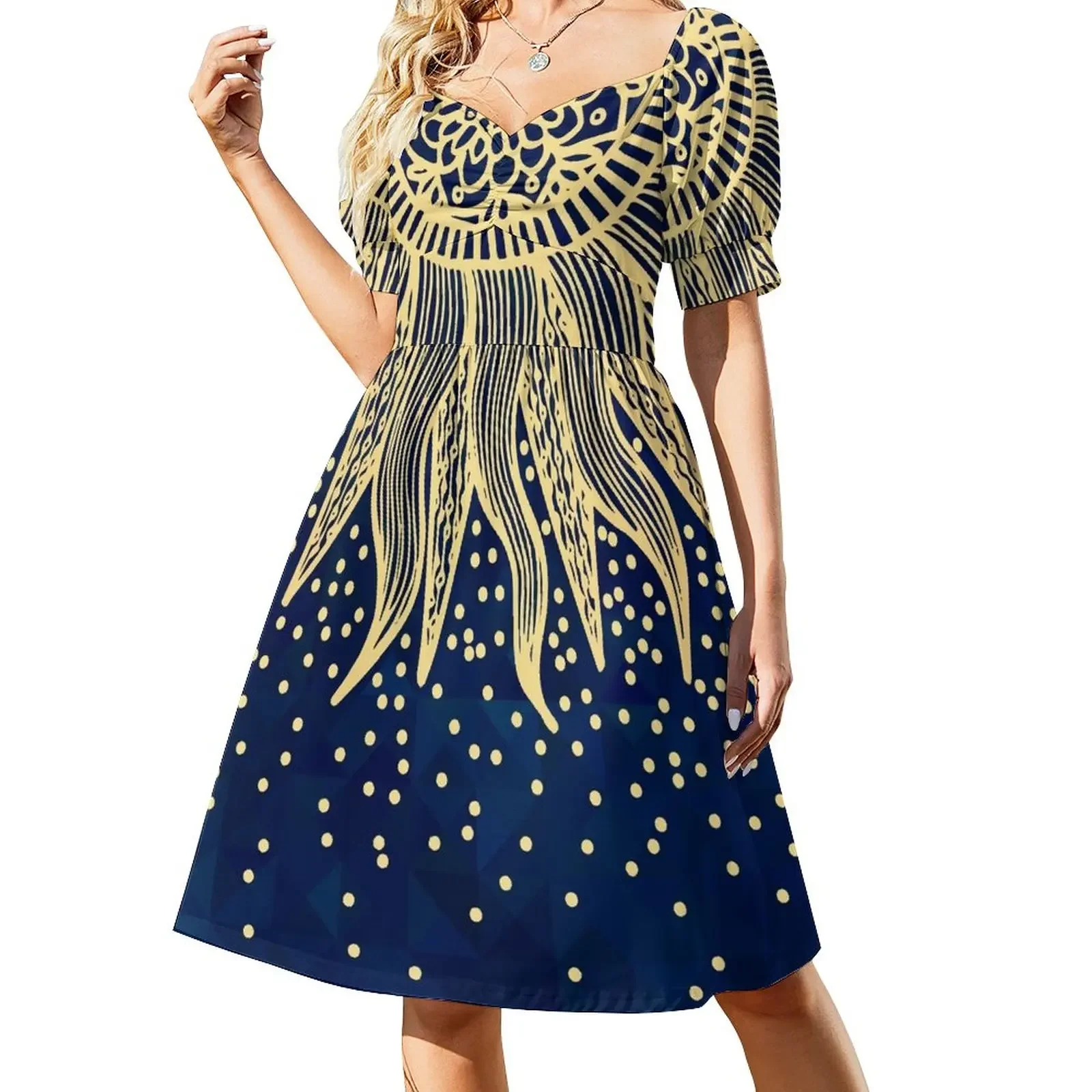 

Blue Gold Boho Sun Mandala Confetti Short-Sleeved Dress summer dress long dresses for women luxury dresses loose women's dress