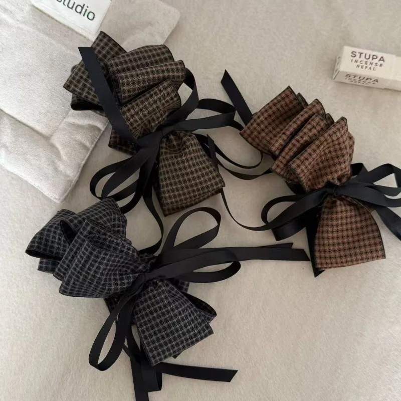Korean butterfly hairpin plaid multi-layer bow college style age-reducing banana clip Hong Kong style retro hairpin woman