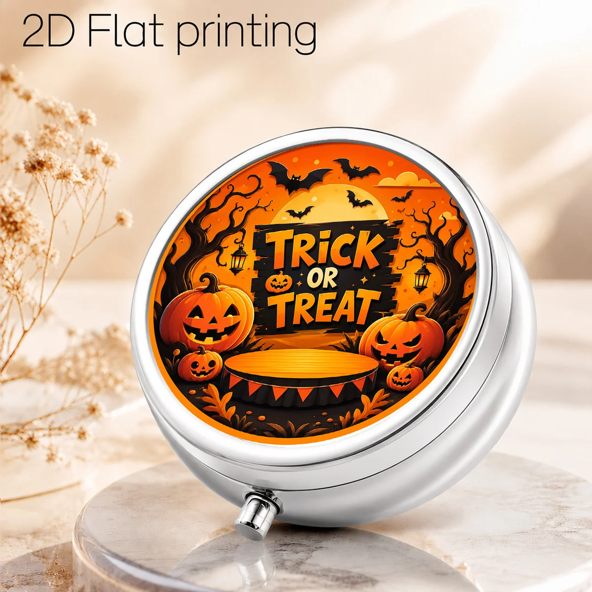1Pc, Flat Printing Pill Box with Halloween Pumpkin Black Background Slogan Theme, Holiday Illustration Design - Three-Compartment Portable Metal Design - Storage - Portable Safety Box - Compact Jewelry Box - Small Items - Personal Medication Pill Organizer.