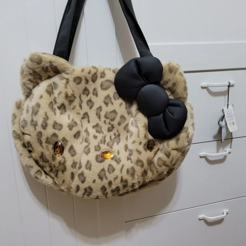 Miniso Sanrio Hellokitty Plush Fabric Leopard-Print Shoulder Bag Handbag For Women Large Capacity Tote Purse Side Bags For Girls