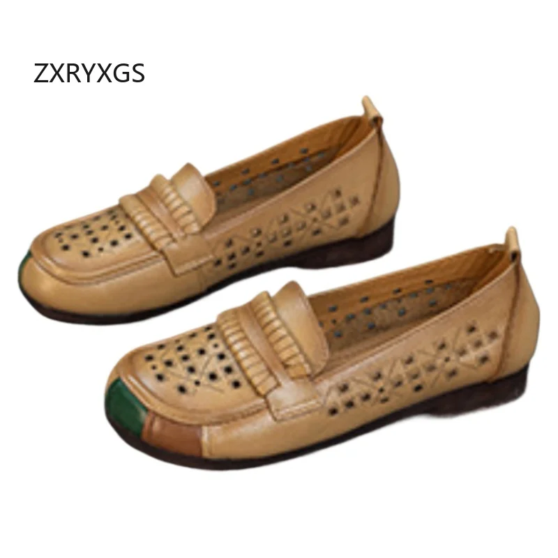 ZXRYXGS 2026 Soft Cowhide Hollow Spell Colors Spring Summer Flats Breathable Sandals Women's Comfortable Soft Sole Trendy Shoes