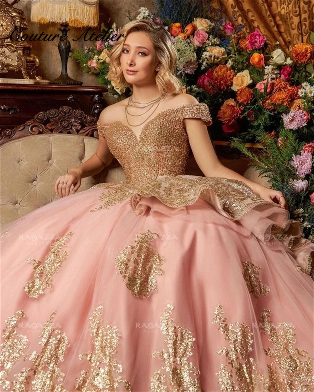 Gaun payet emas merah muda applique Quinceanera gaun ulang tahun putri bahu terbuka korset Lace-Up manis 16 gaun vestidos