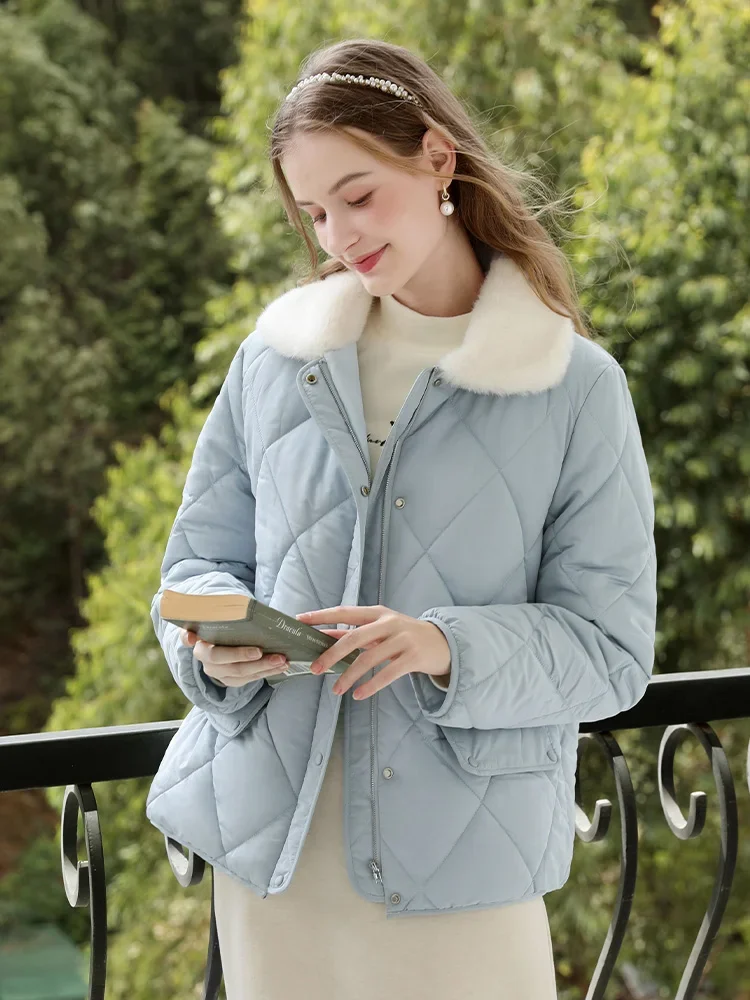 I BELIEVE YOU Warm Coat Fragrant Rhombus Padded Cotton Collar Cotton Jacket 2024 Winter Fur Collar Blue Cotton Jacket 2244155886