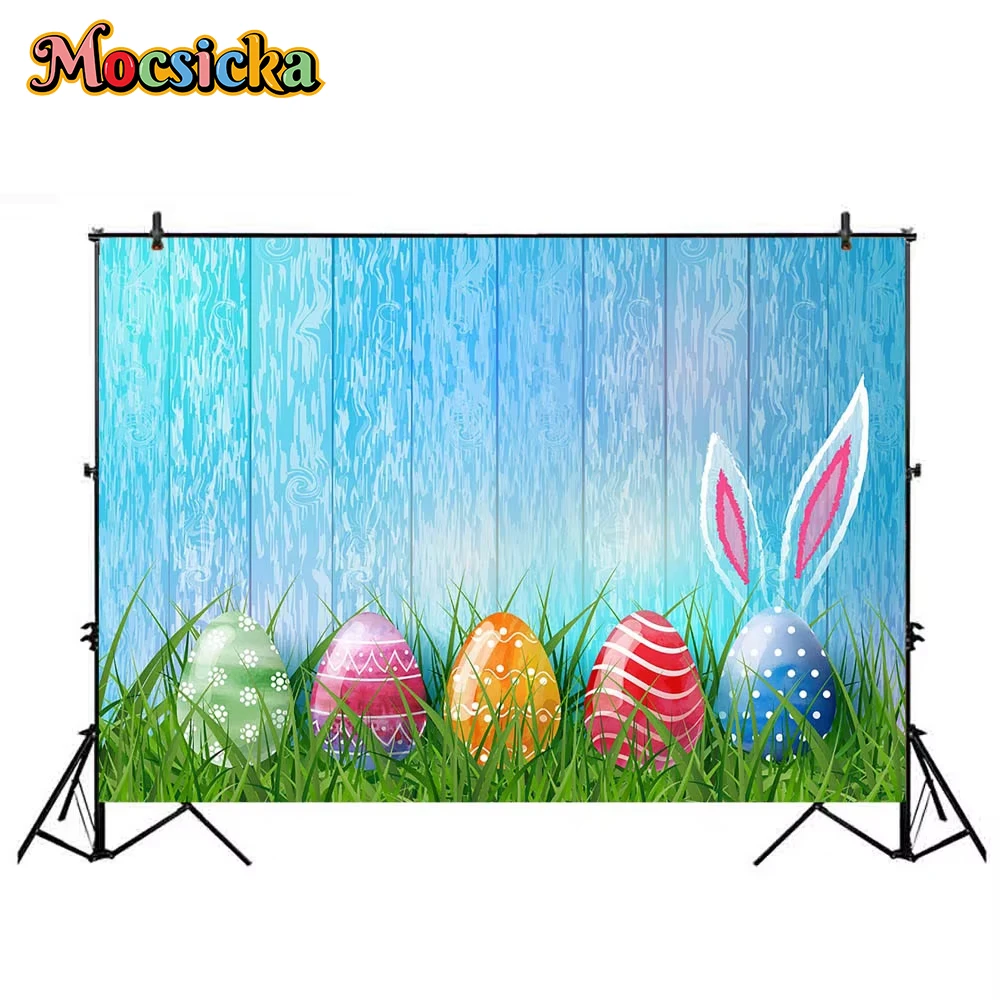 

Mocsicka Blue Wood Floor Backdrop Photography Easter Color Egg Background PhotoBooth Studio Green Grass Banner Newborn Wallpaper