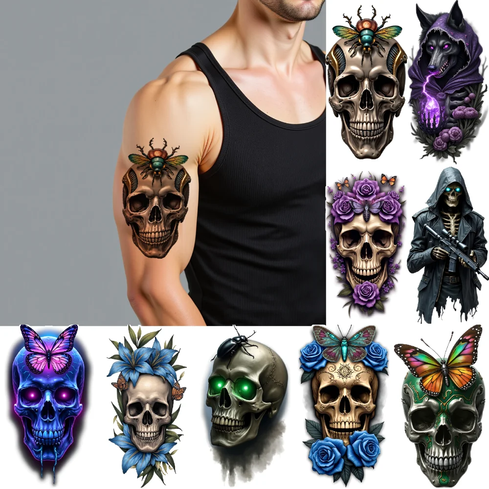 

3pcs Temporary Tattoo Insect Skull Waterproof Long-lasting Body Stickers Purple Rose Skull Blue Rose Skull For Thighs Women