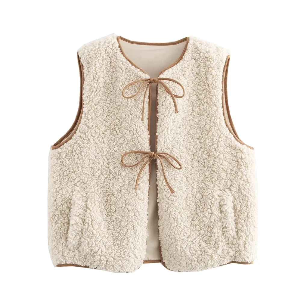 PB&ZA2024 autumn and winter stylish fleece bow tie sleeveless round neck simple casual vest vest vest for women in vest