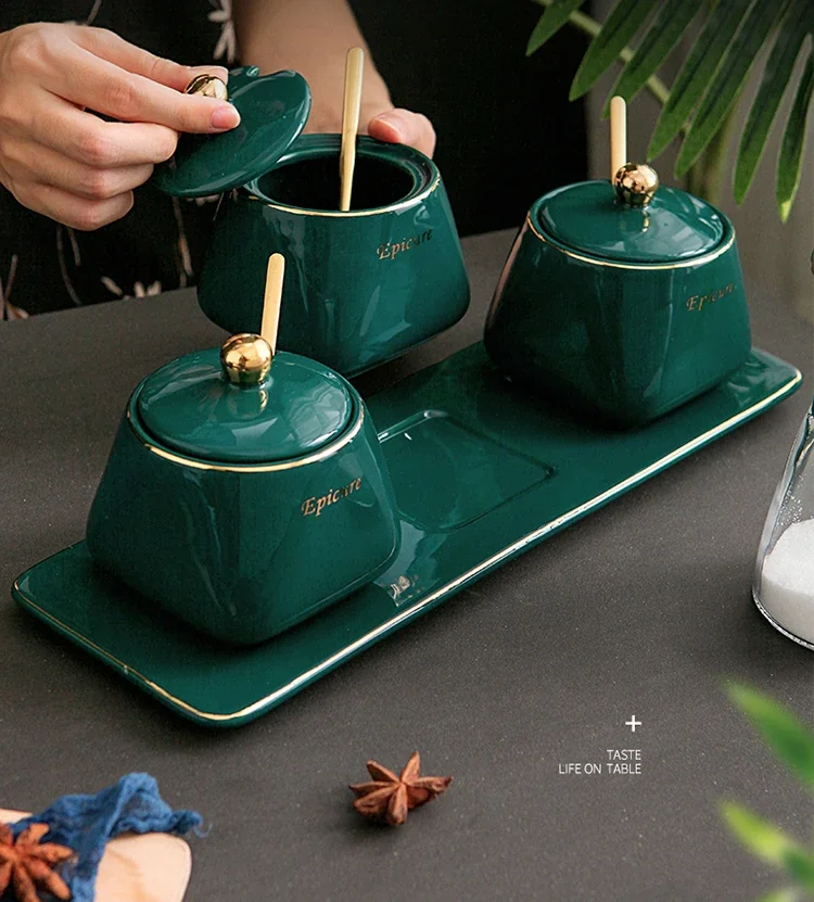 Household Seasoning Set Salt Shaker MSG Pot Dark Green Kitchen Utensils Ceramic Seasoning Box Seasoning Pot Art Home Decoration