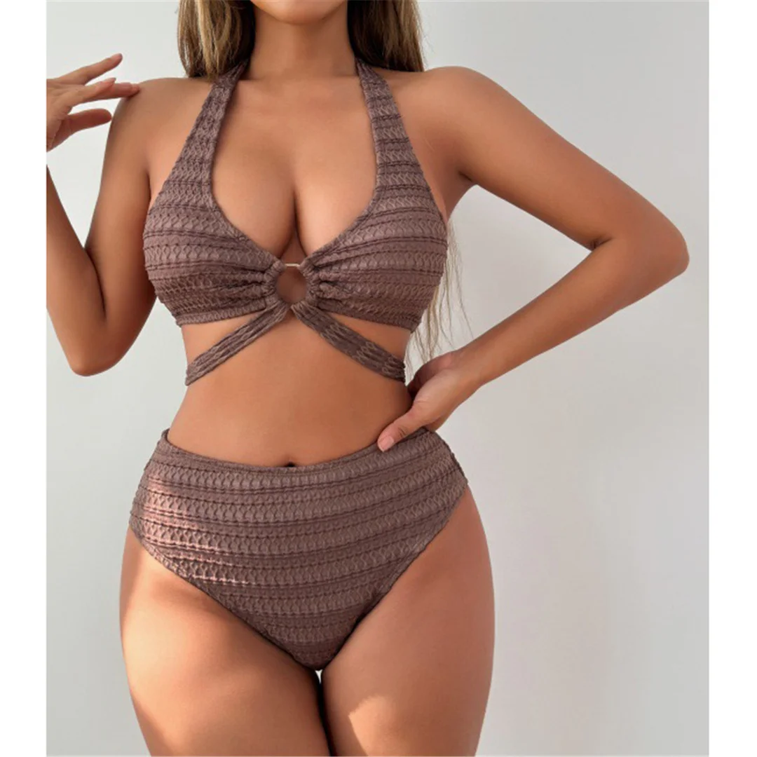 S - XL Neuer, geraffter Neckholder-Badeanzug für Damen, Bikini mit hoher Taille, zweiteiliger Bikini-Set, Badebekleidung, Badeanzug, Schwimmbekleidung V7481 – Detail 2