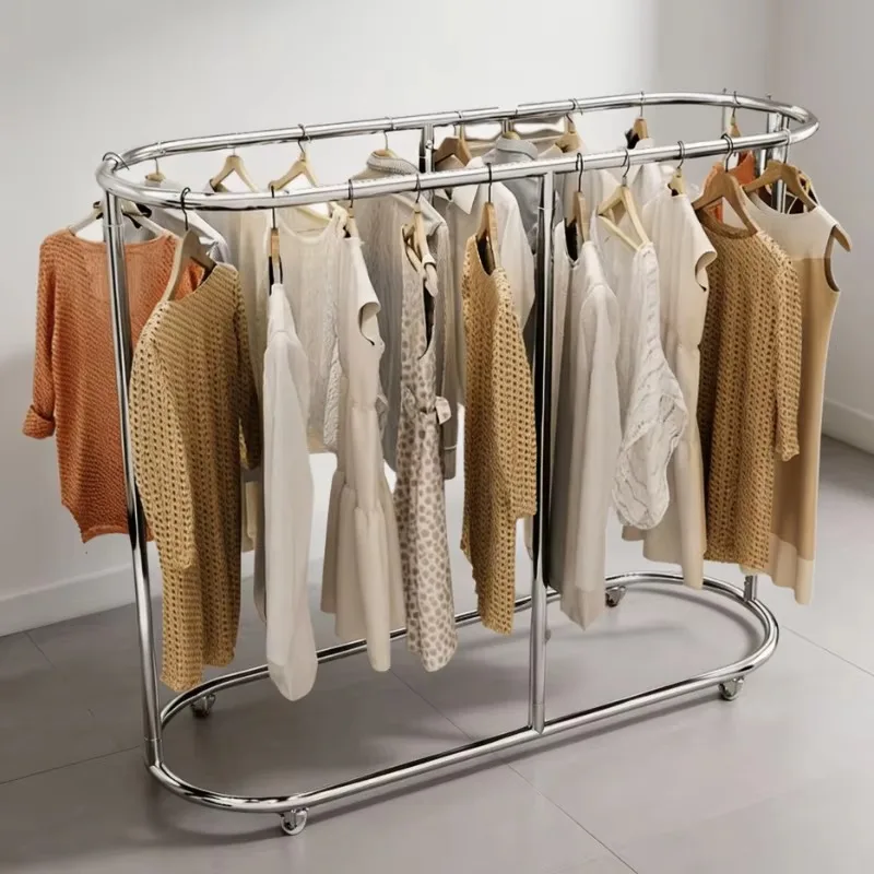 Clothes Storage Rack Stainless Steel Double Layer Hanging Pole With Lockable Rolling Casters Heavy Weight Display For Cloakroom