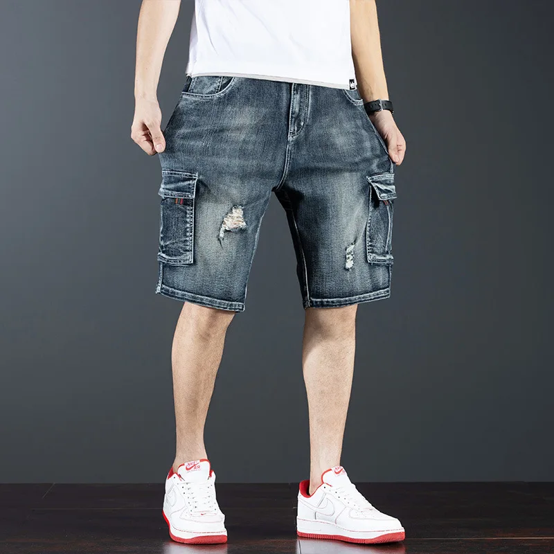 Summer Lightweight Multi-Pocket Patchwork Cargo Denim Shorts Men's 5-Pocket Distressed Trendy Casual