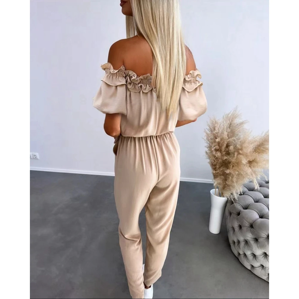 Women Off Shoulder Frill Hem Tied Detail Jumpsuit Short Sleeve Overalls Summer Female One-piece Casual Pocket Decor Outfits y2k