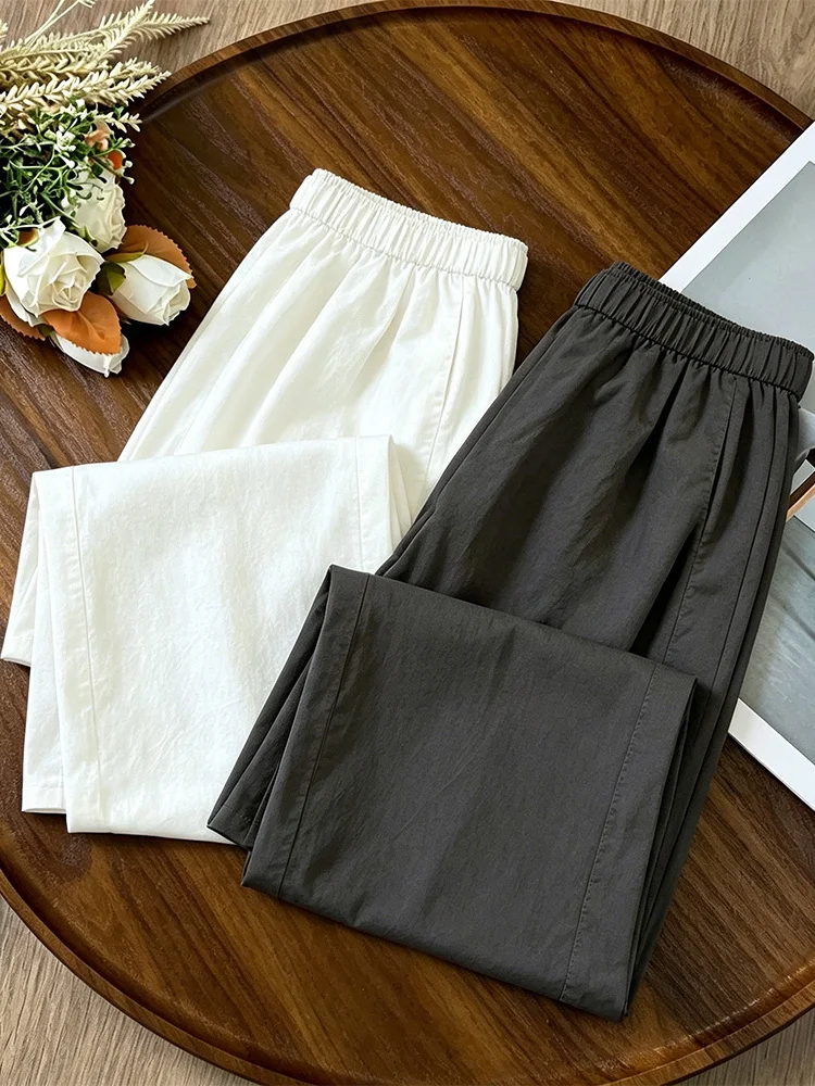 

Loose Casual Lightweight Women's Straight Leg Pants Elastic Waist Pure Color Breathable Summer New Style Fashionable Trousers