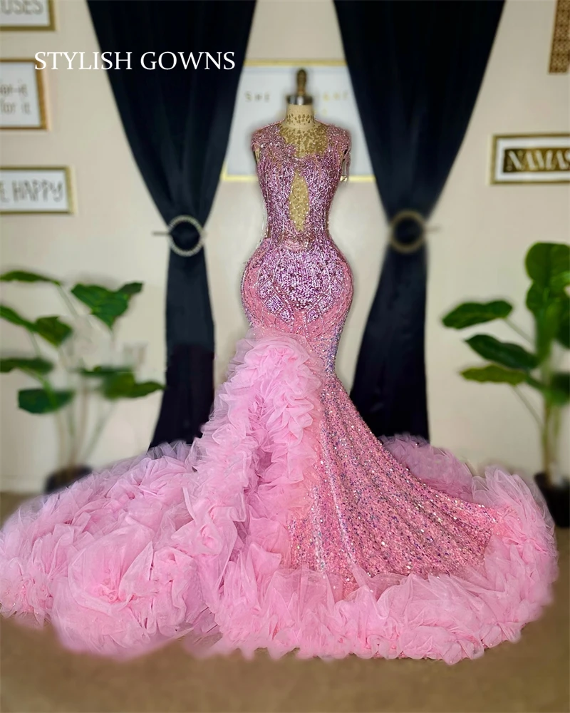 Pink O Neck Evening Dresses For Black Girl Bead Crystal Rhinestone Birthday Party Gown Sequin Ruffle Long Prom Dress Customized