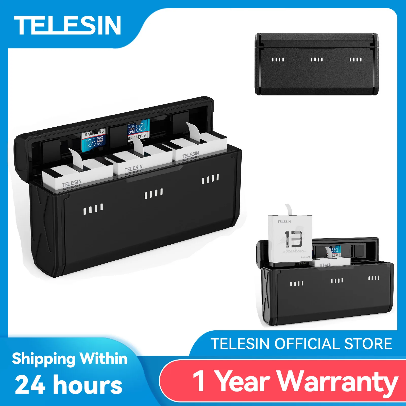 Ładowarka kieszonkowa TELESIN do GoPro Hero 13 TF Card Storage 3 gniazda Bateria Szybkie ładowanie do GoPro Hero 13 Ładowarka baterii
