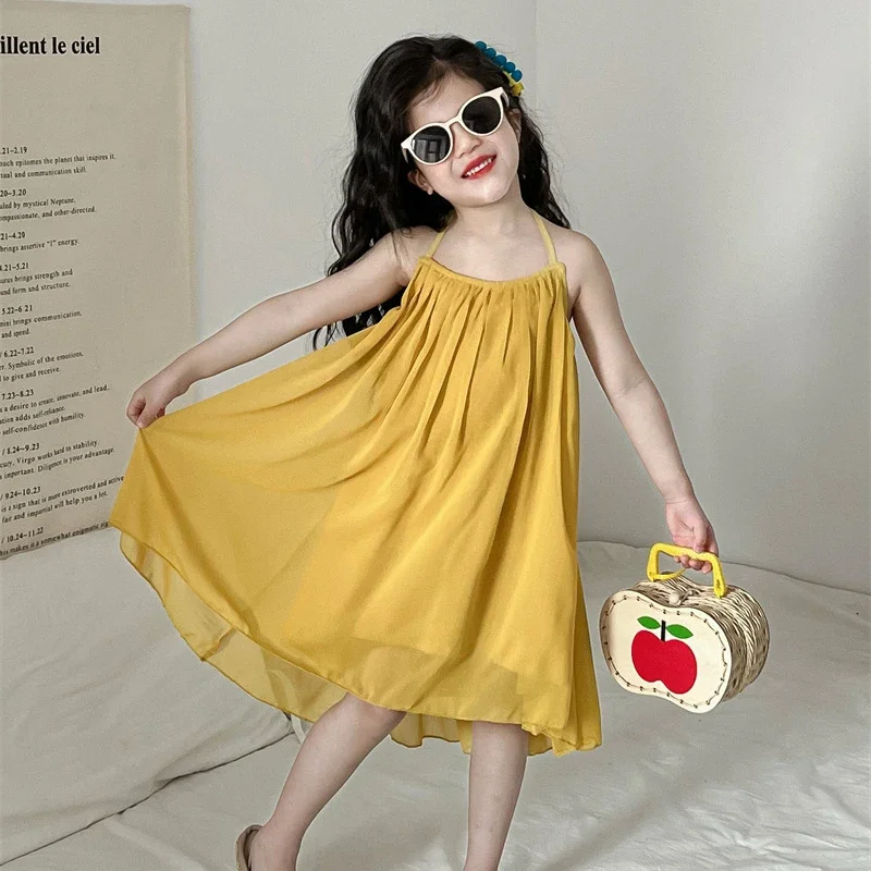 

2025 Summer New Girls’ Vacation Style Halter Open - Back Beach Princess Dress - Stylish Comfortable Girls’ Summer Beach Wear