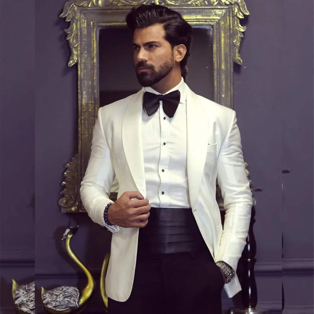 England Style White Jacket Black Pants 2 Piece Elegant Groom Wedding Terno Shawl Lapel Single Breasted One Button Formal Party