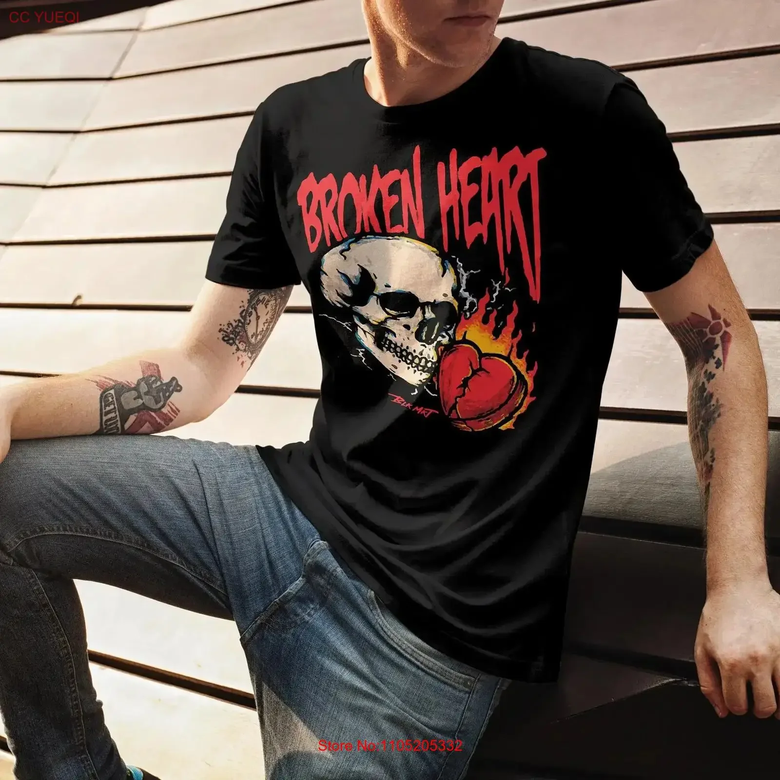 Trendy Streetwear T Shirt 100 Cotton Eco Friendly Water Based Ink Men's Urban Fashion Black Broken Heart Skull vintage Washed