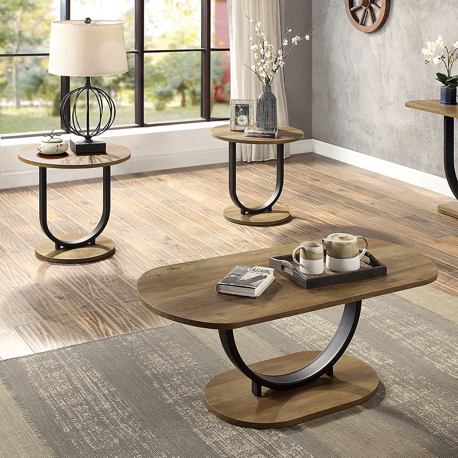 #Modern 3-Piece Coffee Table Set With U-Shape Base Oak Wood Top Sand Black Finish-Includes 1 Coffee Table