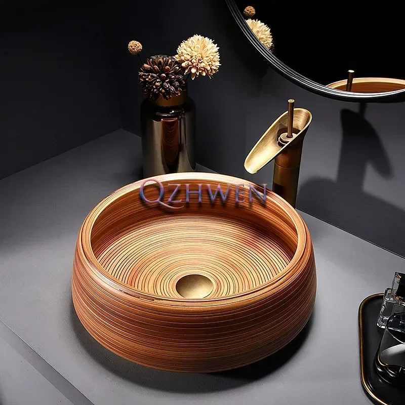 42cm Caramel Round Ceramic Washbasin Retro Imitation Wood Grain Bathroom Sink Household Balcony Countertop Art Basin with Taps