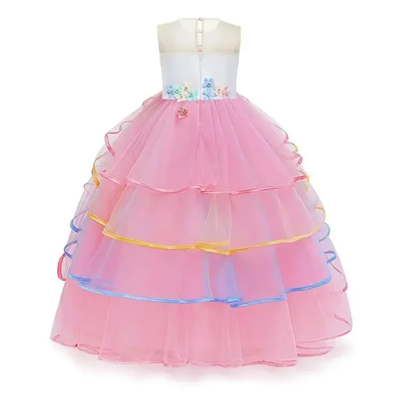 Long Girls Christmas Unicorn Princess Dress Children Wedding Party Floral Ball Gown For Kids Rainbow Birthday Costume 3-12 Yea D