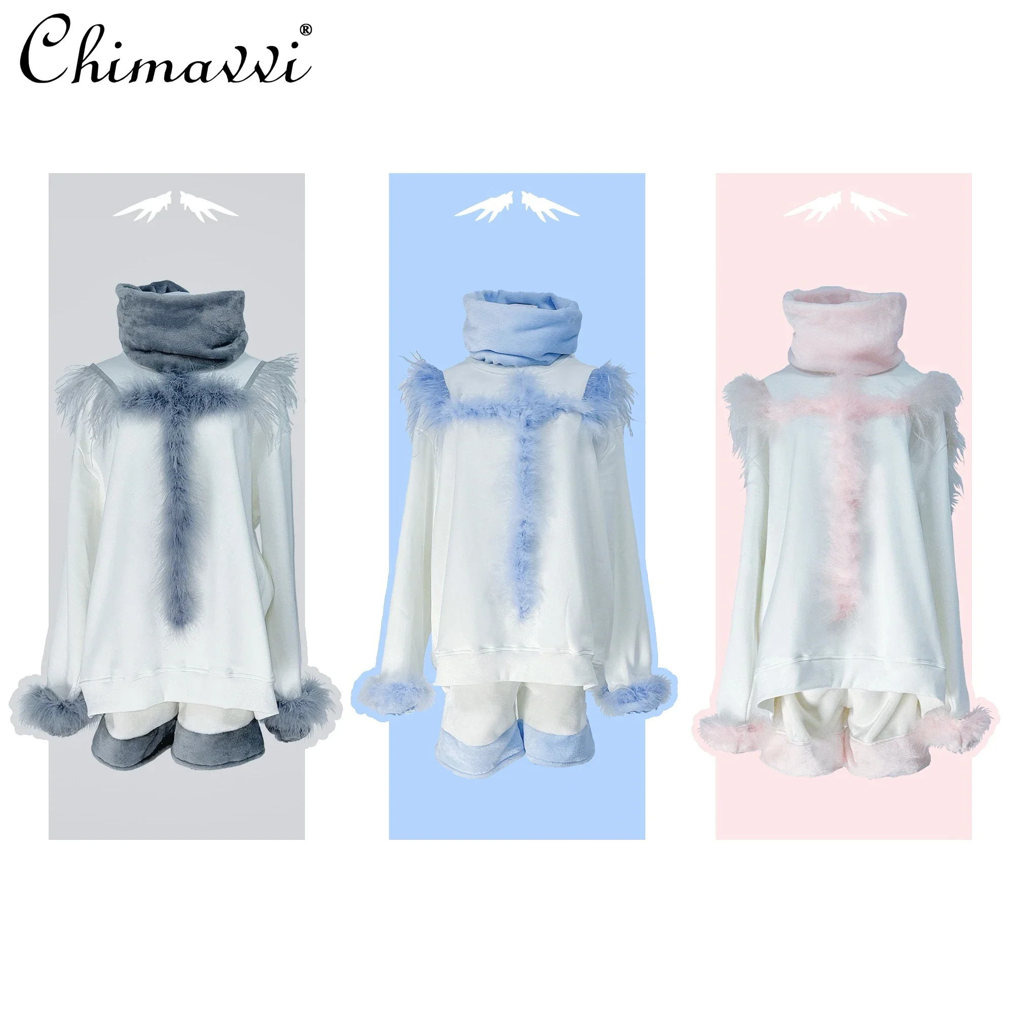 Japanese Sweet Furry Velvet Super High Collar Top Sweatshirt Winter New Girl Ladies Cute Splicing Cross Ostrich Fur Pullover Top