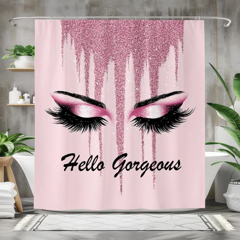 Hello Gorgeous Shower Curtain, Pink Glitter Waterproof Fabric Curtain, Glam Eyelashes Bathroom Decor, Makeup-Themed Bath Curtain