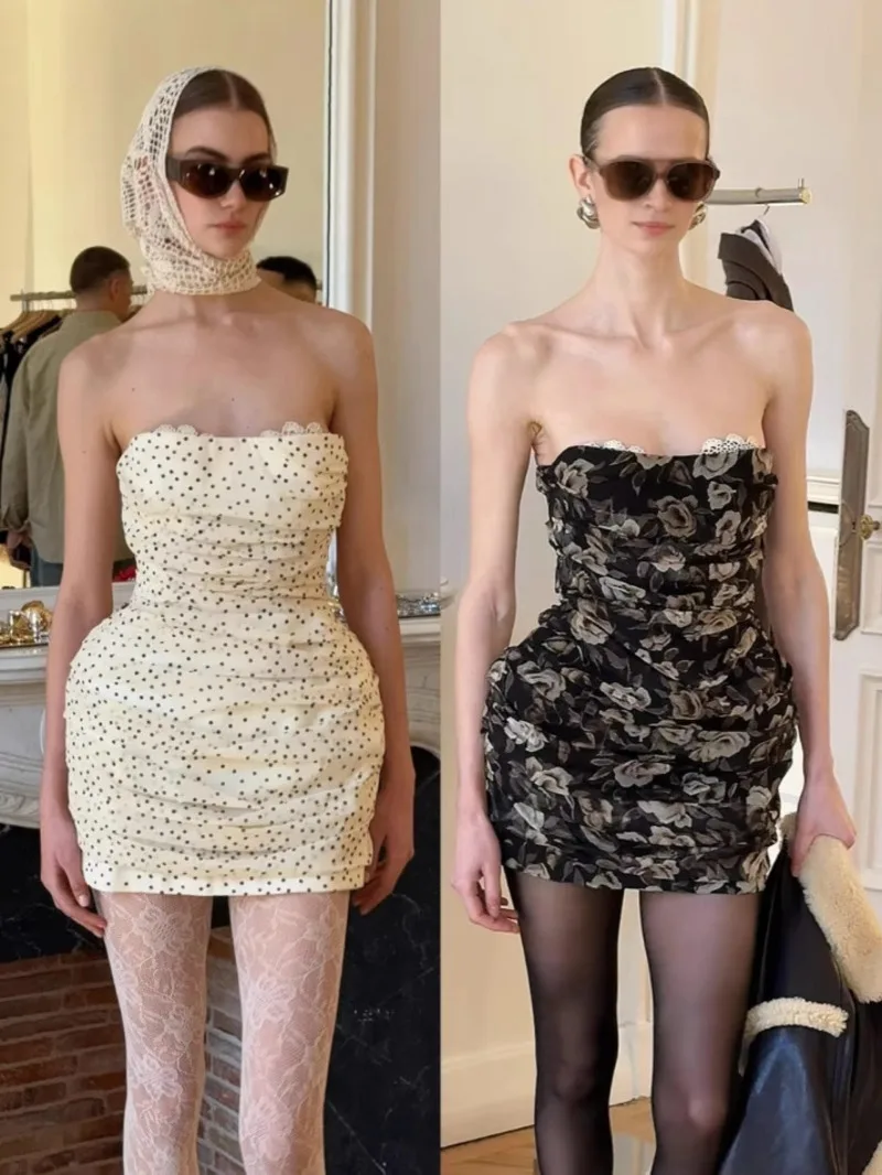 Luxury Magd Floral Print Strapless Dress 2025 New Baddie Xshape Built In Bra Mini Dress Tupe Top Fashion Socialite Party Clothes