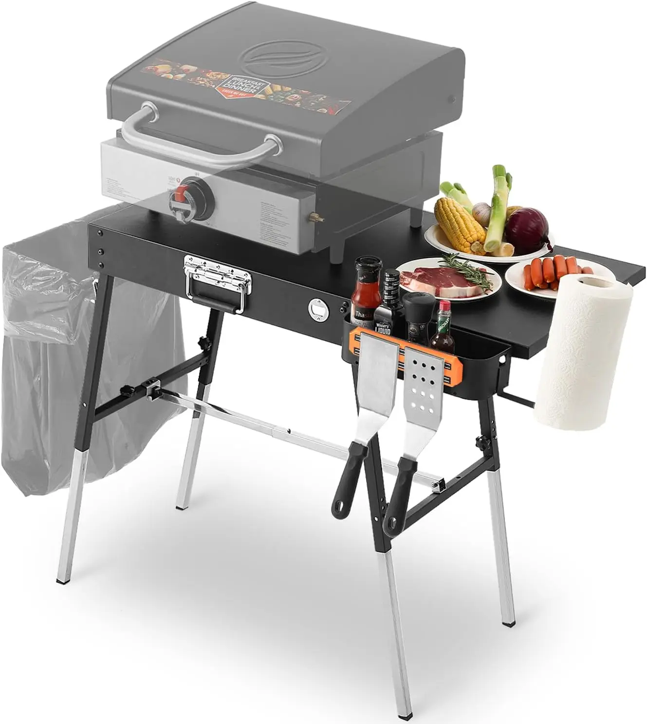

Portable Folding Grill Table with Adjustable Legs, Trash Holder, and Utensil Hooks for Outdoor Cooking
